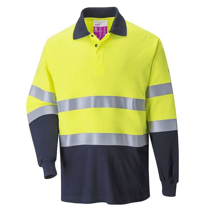 FR74 – Polo bicolor de manga larga, Modaflame resistente a la llama y antiestático
